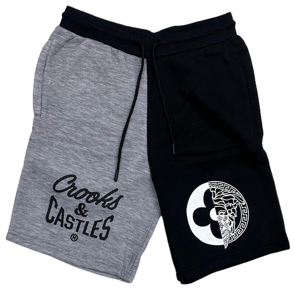Crooks & Castles Men's Half Medusa Colorblock Sweat Shorts in Heather Grey/Black - Picture 1 of 2